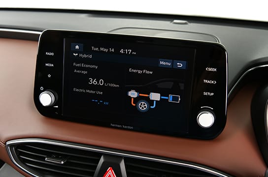 A connected drive SANTA FE Hybrid’s specific displays allow you to understand every part of your drive, including real-time fuel economy and energy flow.